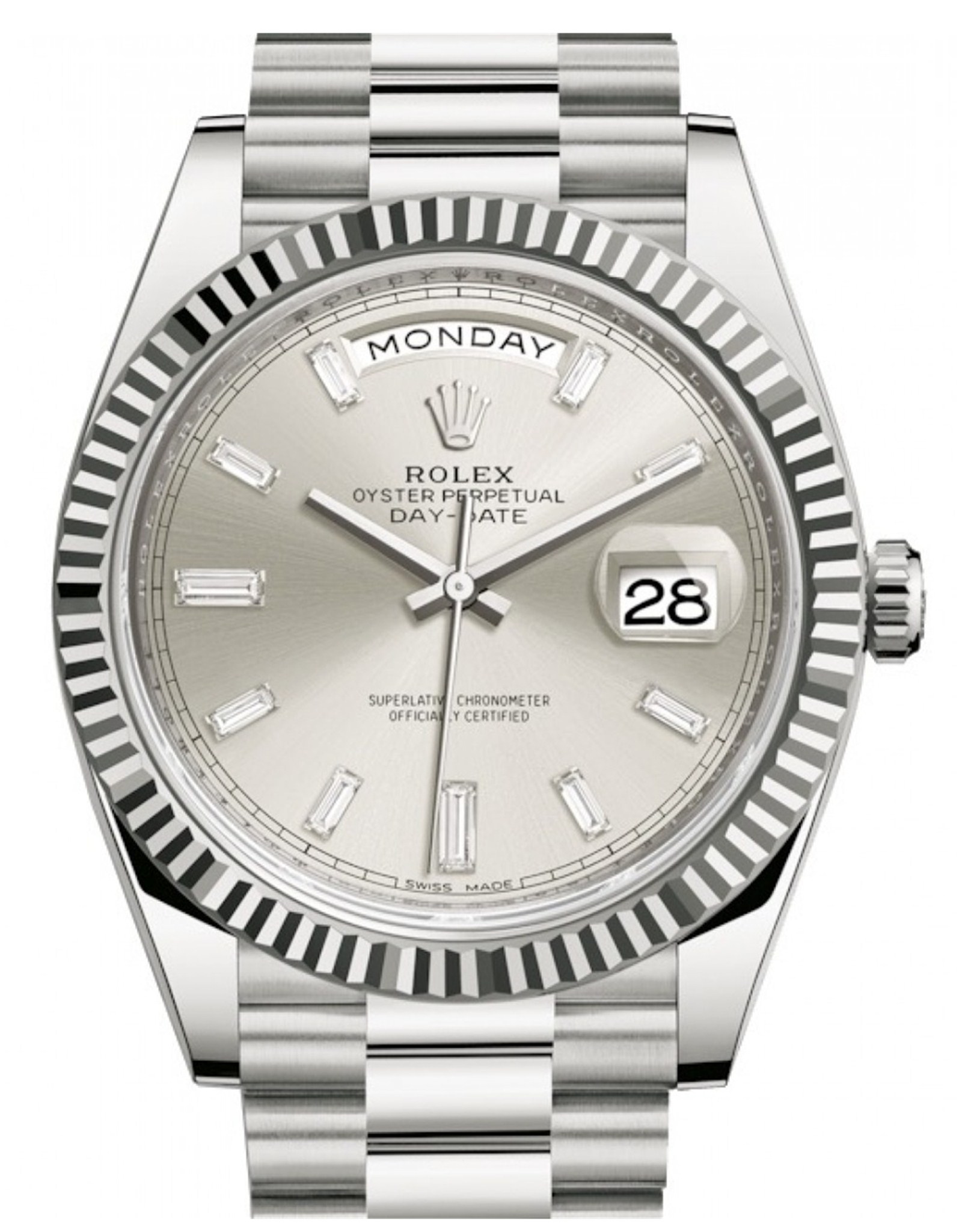 Replica Rolex Day Date Silber Zifferblatt geriffelte Lünette 228239 40mm-1