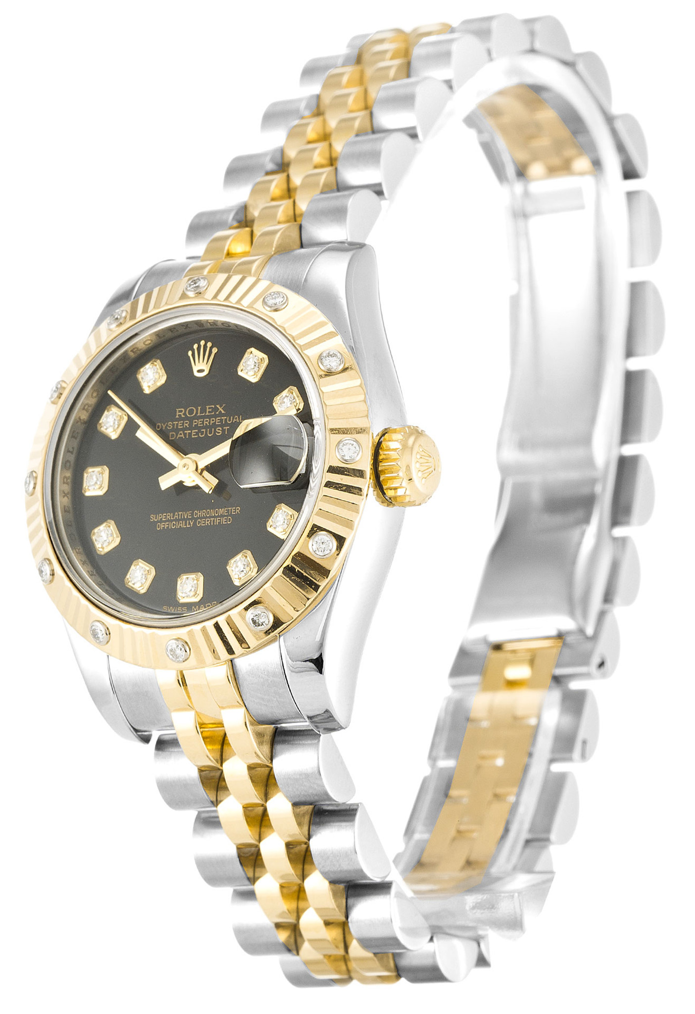 Replica Rolex Datejust Schwarzes Zifferblatt Diamant Markers Dame 179313 26mm-1